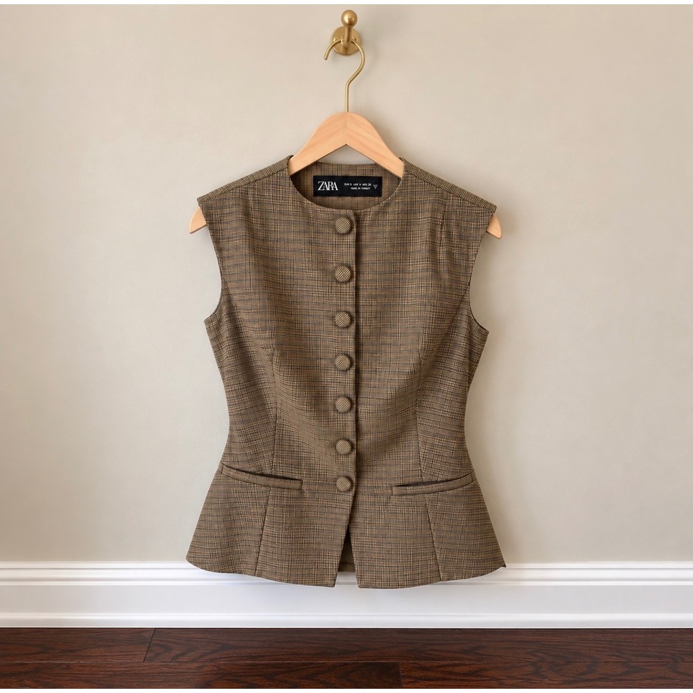 Zara Brown Plaid Button Front Sleeveless Waistcoat Vest Size Small Peplum Hem